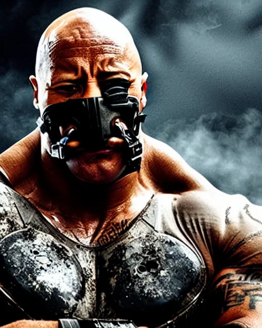 Image similar to film still close up shot of dwayne johnson as bane from the movie the dark knight rises. photographic, photography