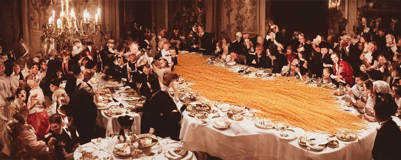 Prompt: a long banquet table covered in spaghetti, victorian era, excited guests, detailed expression, canon 5 0 mm, cinematic lighting, photography,, film, kodachrome