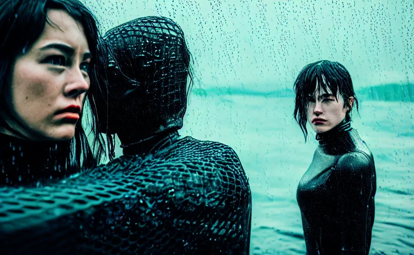 Image similar to cinestill 5 0 d candid action photographic portrait by quentin tarantino of two loving female androids wearing rugged black mesh techwear in treacherous waters, extreme closeup, modern cyberpunk retrofuturism moody emotional cinematic, pouring iridescent rain, 8 k, hd, high resolution, 3 5 mm, f / 3 2, motion blur, ultra realistic faces, ex machina