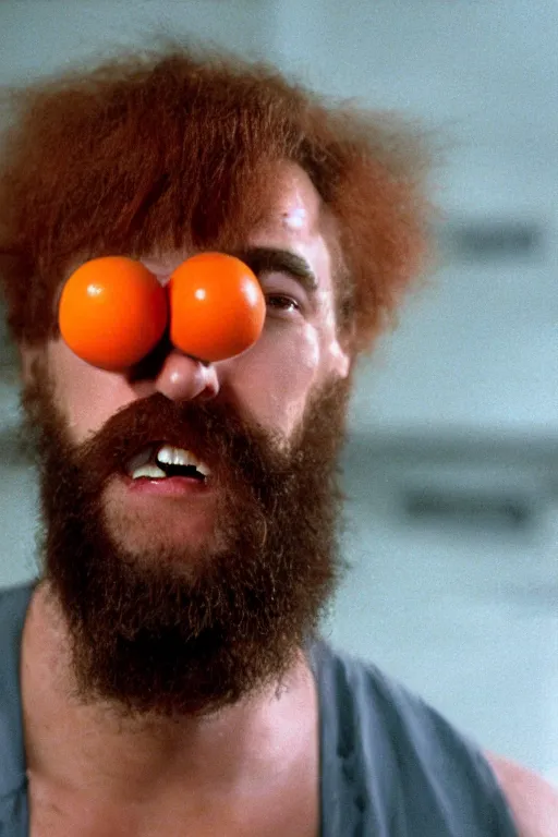 Image similar to an awkwardly tall scientist with a tangled orange bead and unruly red hair atop his balding head, high resolution film still, movie by Ivan Reitman