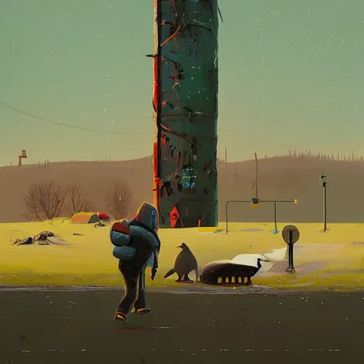 Image similar to penguin, art by simon stalenhag