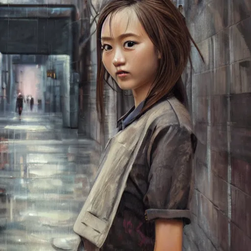 Image similar to a perfect, realistic professional oil painting of a Japanese schoolgirl posing in a dystopian alleyway, close-up, by a professional American senior artist on ArtStation, a high-quality hollywood-style concept