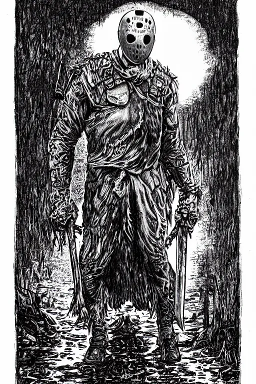 Image similar to Jason Voorhees as a D&D monster, pen-and-ink illustration, etching, by Russ Nicholson, DAvid A Trampier, larry elmore, 1981, HQ scan, intricate details, high contrast