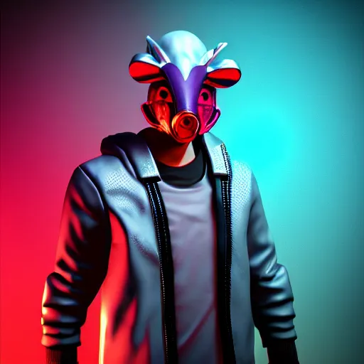 Prompt: richard from hotline miami in the background of rain and neon, rooster mask, high quality 3 d render, unreal engine 5