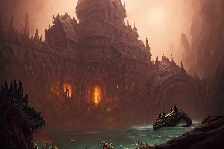 Prompt: crocodile god lair, dusk, deep focus, d & d, fantasy, intricate, elegant, highly detailed, digital painting, artstation, concept art, matte, sharp focus, illustration, hearthstone, art by artgerm and greg rutkowski and alphonse mucha