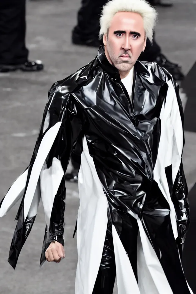 Prompt: a pale white hair Nicolas Cage in a black latex acronym cape, in the style of mike dringenberg and ashley wood