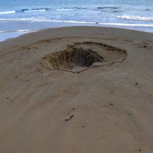 Image similar to deep dark hole on a sandy mississippi beach that has a few snakes crawling out of it, no trees no palm trees, no rocks.