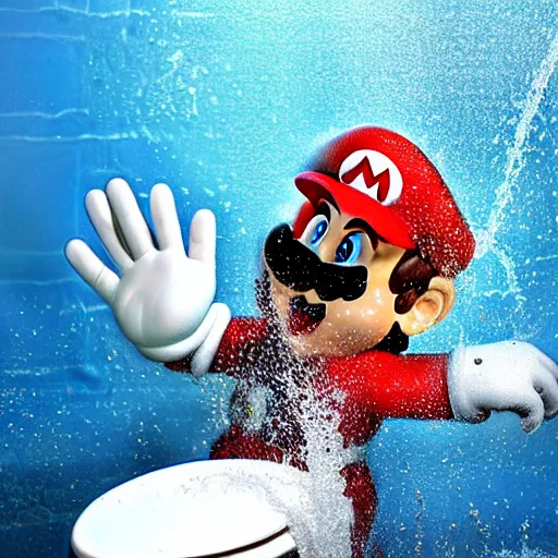 Image similar to super mario emerging from a toilet, soaked in water