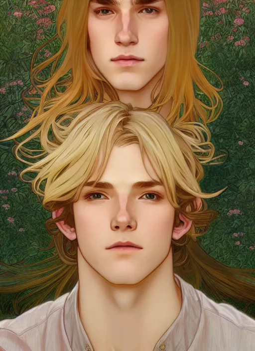 Image similar to pretty young man with shoulder length shiny shimmering golden blond hair, half body shot, path traced, highly detailed, high quality, digital painting, by studio ghibli and alphonse mucha, leesha hannigan, hidari, disney