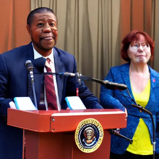 Prompt: president marionette with puppeteer in a podium giving a press conference