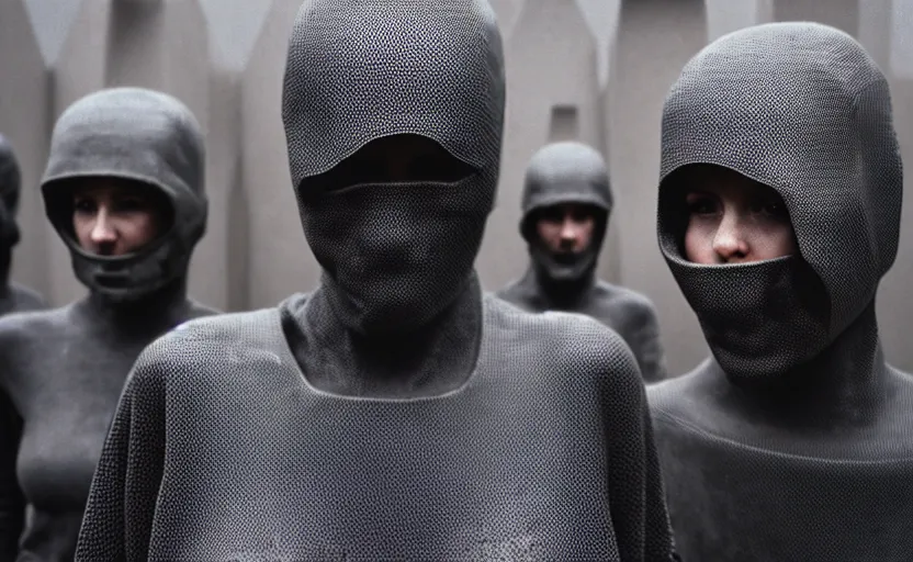 Image similar to cinestill 5 0 d photographic portrait by helen levitt of a group of android women wearing rugged black mesh techwear in a cement maze, extreme closeup, modern cyberpunk, minimalism, dust storm, 8 k, hd, high resolution, 3 5 mm, f / 3 2, ultra realistic faces, intricate detail, ex machina