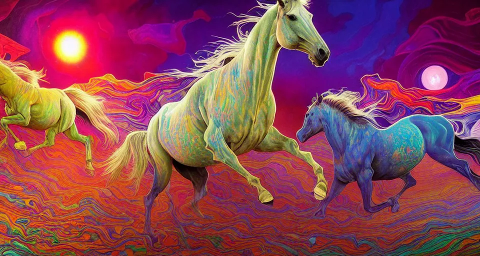 Image similar to An extremely psychedelic abstract illustration of wild horses running, colorful, surreal, dramatic lighting, magic mushrooms, psilocybin, LSD, detailed, intricate, elegant, highly detailed, digital painting, artstation, concept art, smooth, sharp focus, illustration, art by Krenz Cushart and Artem Demura and alphonse mucha, unreal engine 5 render, 8k