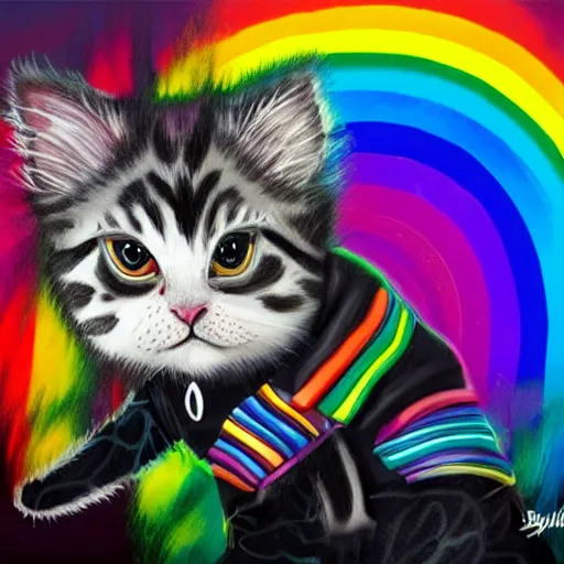 Image similar to wide angle full body, jacket wearing fluffy cute rainbow kitten wearing a black leather motorcycle jacket, concept art