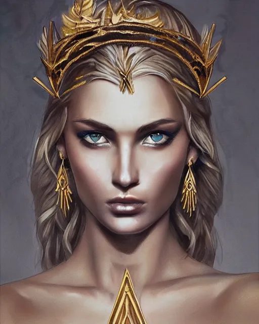 Image similar to tattoo design sketch of hot blonde super model as aphrodite greek goddess wearing a gold laurel wreath and triangle earrings, beautiful piercing gaze with sharp pupils, in the style of greg rutkowski, fantasy, amazing detail, epic, elegant, smooth, sharp focus, front view