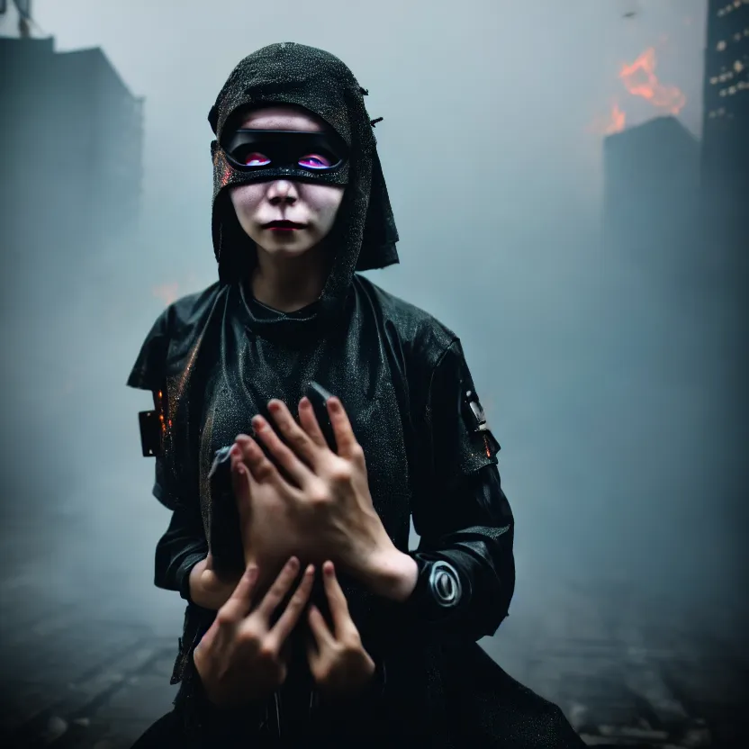 Prompt: a photo close up cyberpunk woman, wearing ninja mask, fire dance in cyberpunk dirty alley, smoke mist rain, cyberpunk gunma prefecture, midnight, photorealistic, cinematic color, studio lighting, highly detailed, bokeh, style by tomino - sama