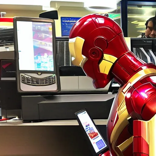 Image similar to Accidents, lasers, Iron Man working as a 7/11 cashier using a red laser scanner, cash register, red laser scanner, wide wide shot, very detailed, beautiful lighting, red laser, fire, smoke