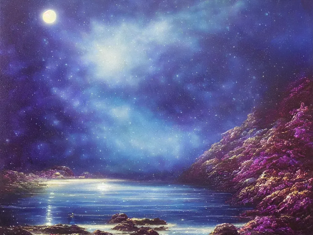 Prompt: a beautiful magical moonlit blue and purple landscape full of ethereal sparkling glowing blue lights with a beautiful galaxy sky and a glistening glittery ocean, soft lighting, ultra high detail, oil on canvas, HD, by Gilbert Williams