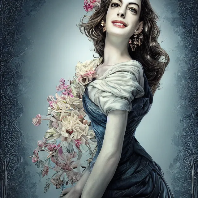 Prompt: the portrait of the lawful good alignment personified as anne hathaway, absurdly beautiful, graceful, elegant, sophisticated, young woman, an ultrafine hyperdetailed illustration by kim jung gi, irakli nadar, intricate linework, bright colors, octopath traveler, final fantasy, unreal engine 5 highly rendered, global illumination, radiant light, detailed and intricate environment