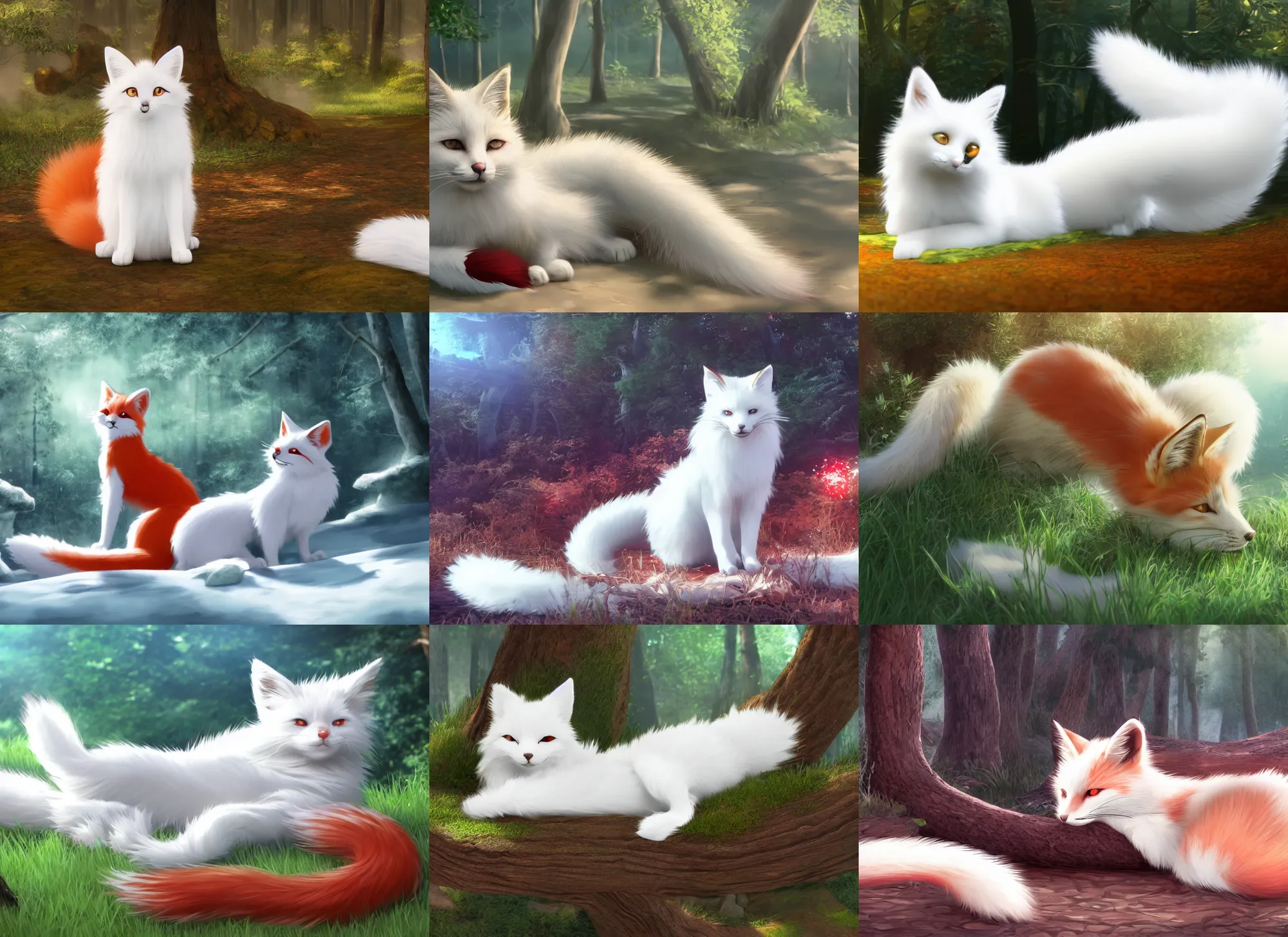 Prompt: white cat with fluffy red tail like fox tail lying at sunny forest, high detailed, anime, fantasy, uhd, ray tracing