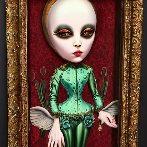 Image similar to mark ryden, curiosities carnival, soft paint of a single beautiful female full very tight long metallic suit ornate, symmetry accurate features, focus, very intricate ultrafine details, award winning masterpiece