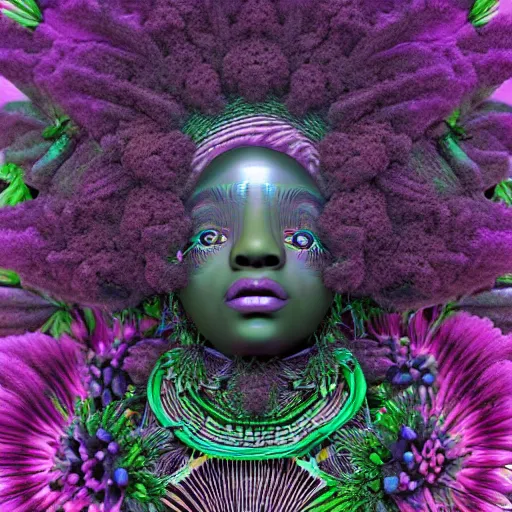 Prompt: an african marijuanna! shaman with an afro made of flowers, third eye art art by machina infinitum, complexity from simplicity, rendered in octane, mandelbulb 3 d, ambient occlusion, radiant lighting, macro photography, felt!!! texture, tribal, pastel! retrowave