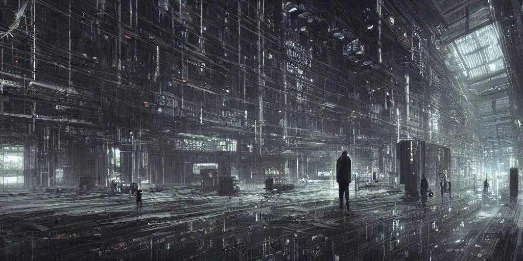 Prompt: lonely stranger inside a hall of monumental cyberpunk industrial factory megacomplex; by tsutomi nihei; hyperrealistic, 4K wallpaper, highly detailed-H 768 -H 1024