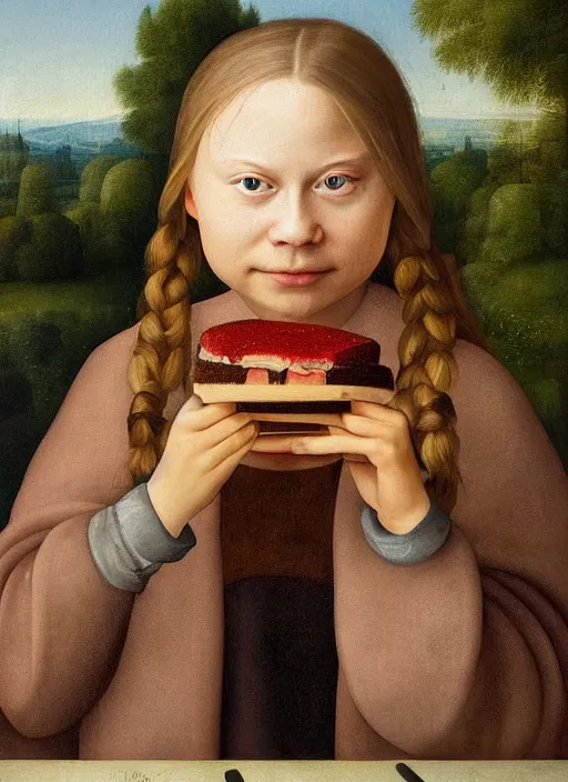 Image similar to greta thunberg eating cakes painted by hieronymus bosch, detailed digital art, trending on Artstation