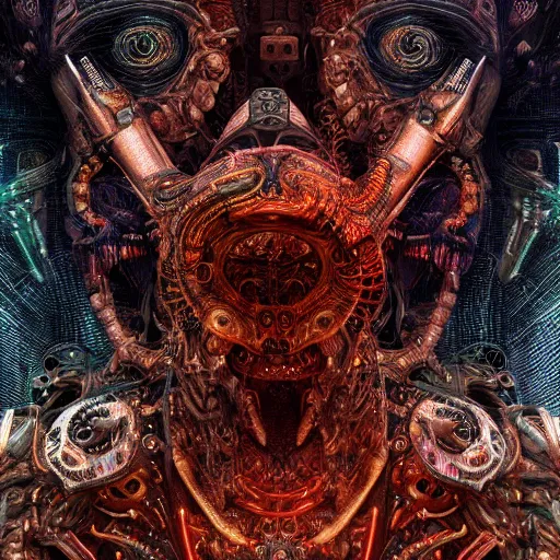 Image similar to cybernetic demon dreaming, lsd, circuitry, intricate detail, royo, whealan, giger, klimt, hd, octane render,