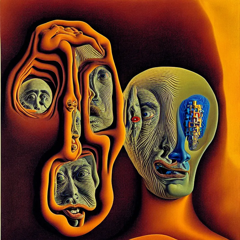 Image similar to a face coming out of a face coming out of a man's head, recursion, fractals, surreal, by salvador dali and mc escher and max ernst, oil on canvas, weird, dreams, fantasy, intricate details, soft lighting, warm colors