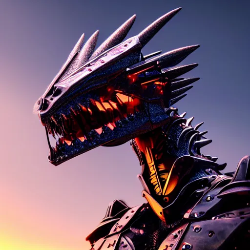 Image similar to chest up bust shot, realistic detailed stunning beautiful armored anthropomorphic humanoid female robot dragon, looking to the side with an elegant pose, smooth and streamlined armor and design made of steel, sharp claws and sharp teeth, Slick LEDs, standing on two legs, on the beach during sunset, high quality, cinematic art, sunset lighting, 3D render, 8k, artstation, deviantart, furaffinity