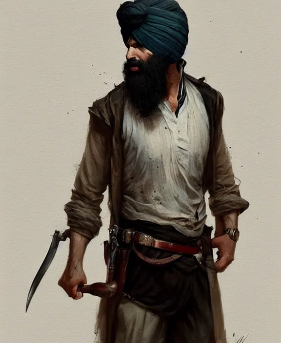 Prompt: Arabic Hunter in Hunt Showdown, posing, turban, white shirt, 1890s pants, quality lighting, dark colors, maximalism, ultra facial detail, Tooth Wu Artgerm Greg Rutkowski artstation deviantart, 8k, fanart, extreme aesthetic