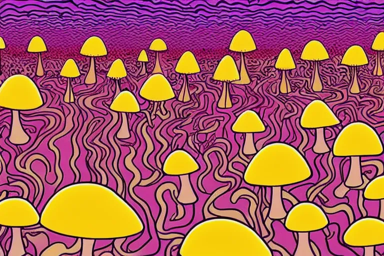 Image similar to a psychedelic illustration of a field of mushrooms, flat colors, limited palette in FANTASTIC PLANET La planète sauvage animation by René Laloux