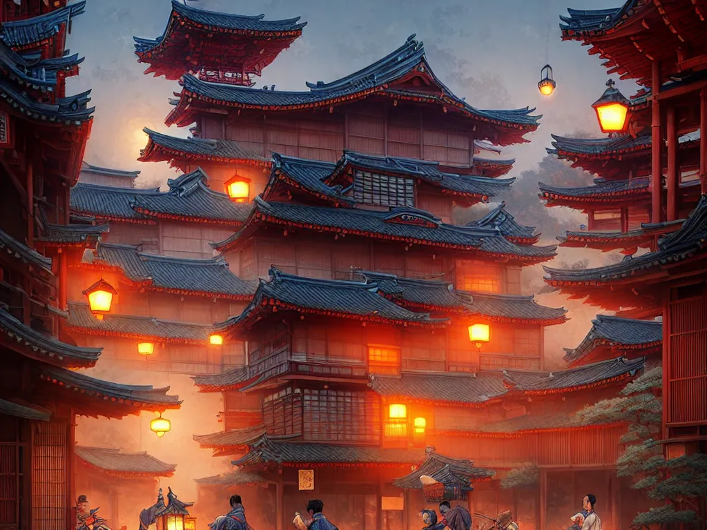 Prompt: old japanese town, d & d digital painting, intricate details, ultra realistic, beautiful, volumetric lighting, warm colors advance, cell shading, by james jean, greg rutkowski, gerald brom, wlop