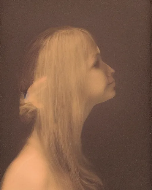 Prompt: a woman's face in profile, long hair made weightless, floating, zero gravity, in the style of the Dutch masters and Gregory Crewdson, dark and moody