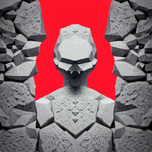 Prompt: a man the form of crystals, partially inside of a stone wall, crystalized, fractal, grey and red color scheme