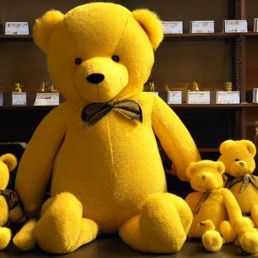 Image similar to a yellow teddy bear showing off a collection of nfts