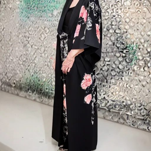 Image similar to Sharon Stone wearing a black Kimono with an intricate flower pattern, XF IQ4, f/1.4, ISO 200, 1/160s, 8K, RAW, unedited, symmetrical balance, in-frame