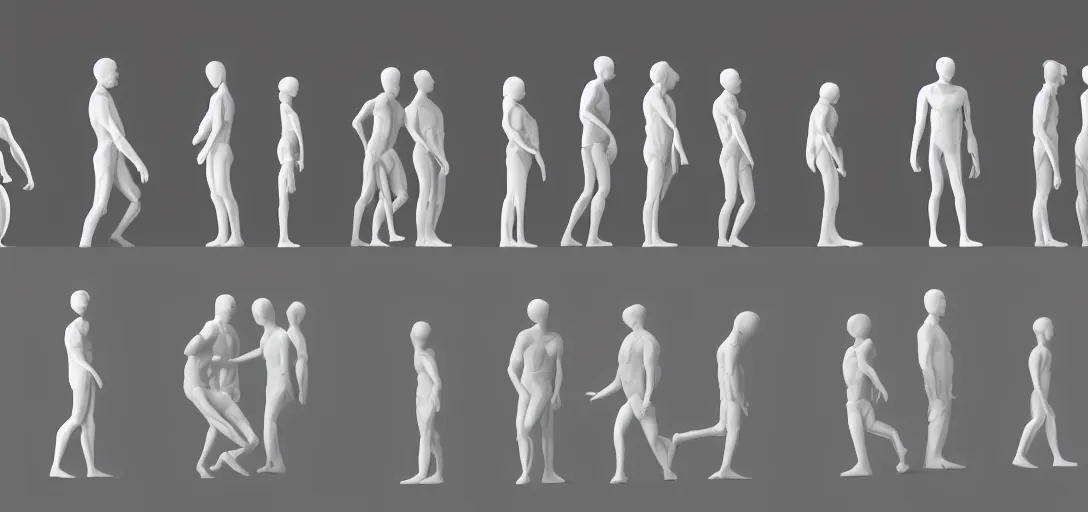 Image similar to multiple interacting human figures, real anatomy, daz, occlusion, high contrast, very long soft shadows, on white