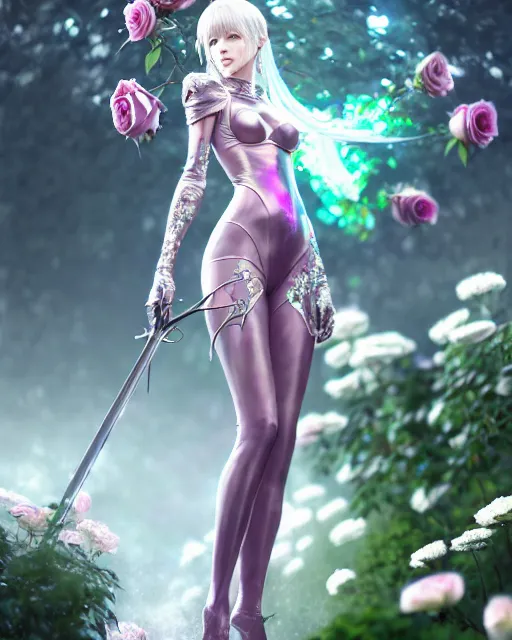 Prompt: an elegant lady in a full bodysuit surrounded by holographic swords in a garden full of roses, final fantasy, cushart krenz, cushart krenz, goddess, unreal engine, very detailed, realistic face, detailed face, matte, tonemapping, perfection, 4 k