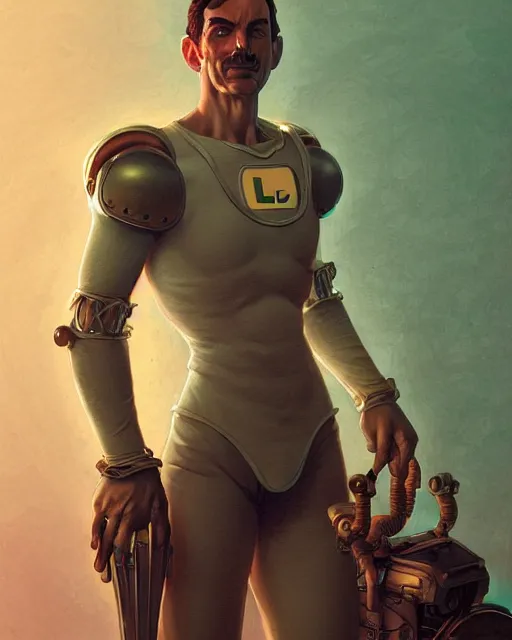 Image similar to luigi in a ensemble, ernest khalimov body by krista sudmalis, fantasy character portrait, ultra realistic, futuristic background by laurie greasley, concept art, intricate details, highly detailed by greg rutkowski, ilya kuvshinov, gaston bussiere, craig mullins, simon bisley