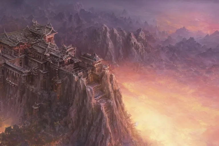 Image similar to cinematic fantasy painting, aerial view of an ancient land, sunset and ominous shadows over the kingdom, brutalist shiro himeji rivendell palace eden by jessica rossier and ( ( ( ( brian froud ) ) ) )