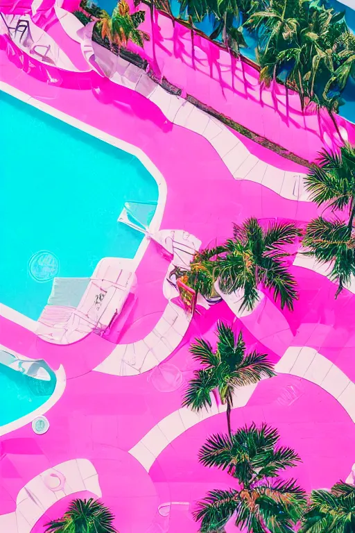 Prompt: close up aerial view of a swimming pool with a pink tube and palm trees, sparkling water, vaporwave, 9 0 s aesthetic, pop colors, bright, tropical aesthetic, beautiful lighting,