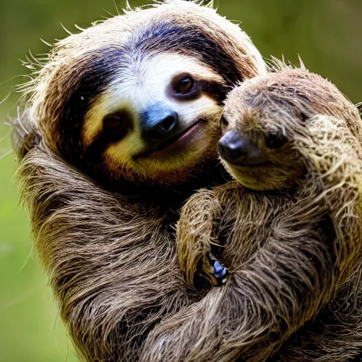 Image similar to a sloth hugging a turtle