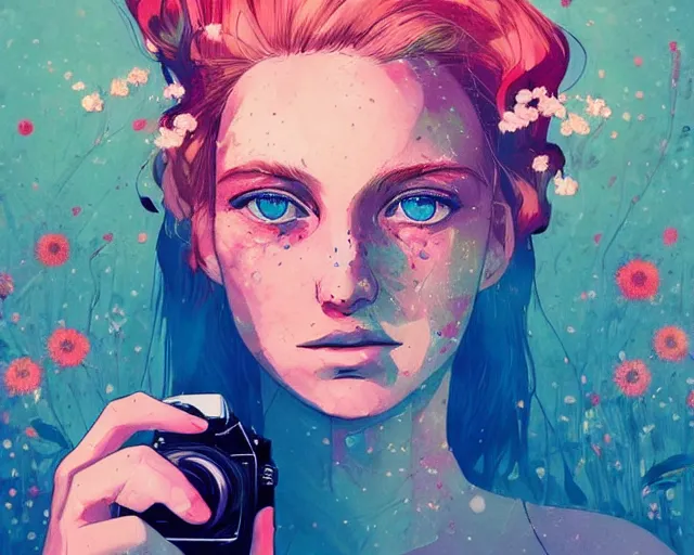 Image similar to pale young woman with bright blonde hair, freckles, blue eyes and a wide face, flowery dress, she is holding a professional dslr camera close to her face, dramatic lighting, bright flare, surreal art by conrad roset