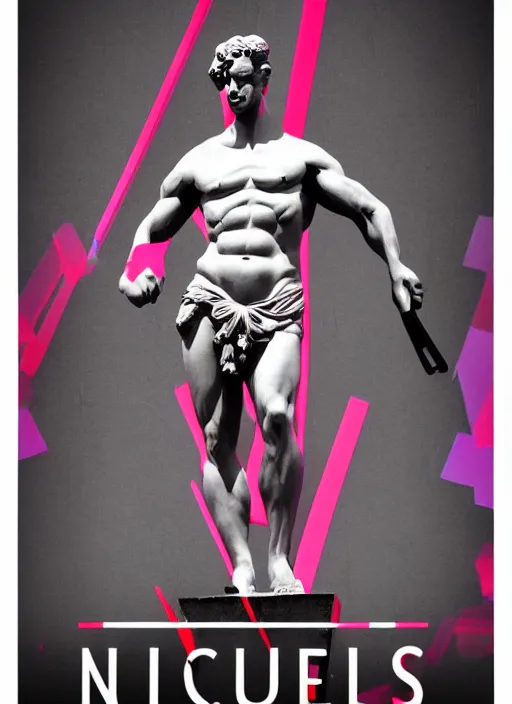 Image similar to design poster showing a statue of hercules, black background with very subtle red and purple design elements, powerful, nekro, vito acconci, thin straight lines, dark, glitch art, neo vaporwave, gritty, layout frame, square, trending on artstation