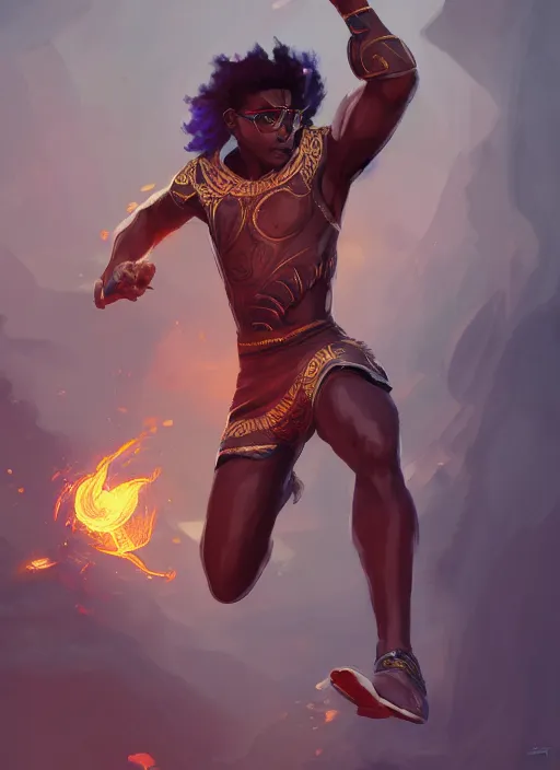 Image similar to a highly detailed illustration of attractive young african fire god with short hair, wearing track and field suit, heroic jumping pose, intricate, elegant, highly detailed, centered, digital painting, artstation, concept art, smooth, sharp focus, league of legends concept art, wlop