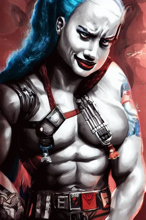 Prompt: A portrait of Dwayne Johnson as Harley Quinn by ross tran, hyper-detailed, intricate, wide angle, beautiful, fantasy, concept art