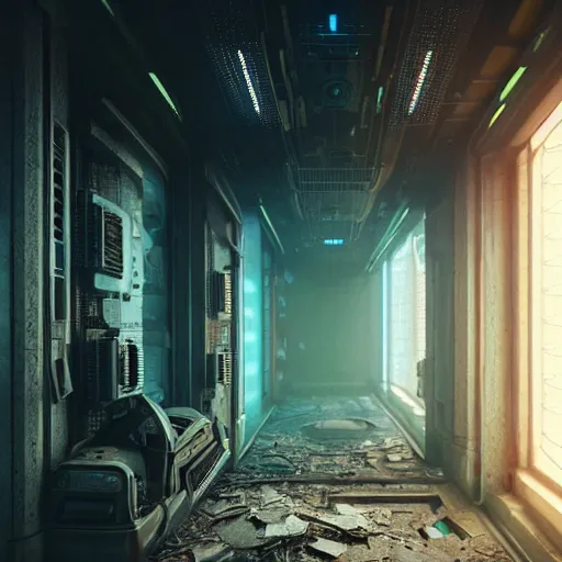 Image similar to abandoned and desecrated hallway in a cyberpunk spaceship, ultra realistic, concept art, intricate details, eerie, highly detailed, photorealistic, octane render, 8k, unreal engine, art by Vita Wen