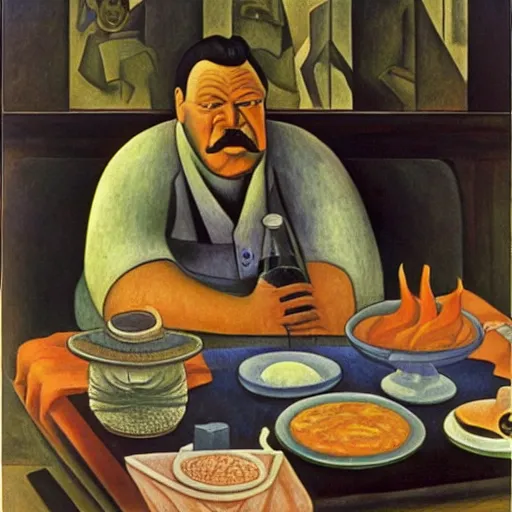 Prompt: the dude having breakfast, diego rivera, 1 9 6 0 science fiction movie, cinematography by joel coen