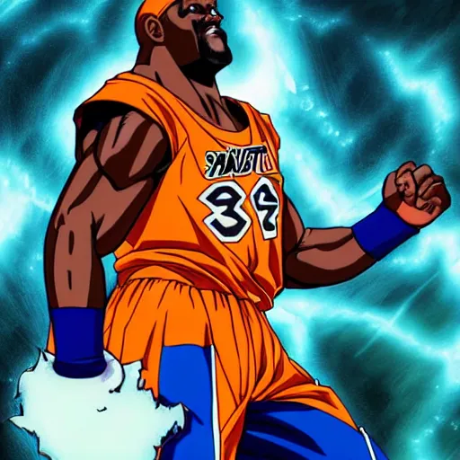 Image similar to ultra realistic portrait painting of shaquille o'neal as goku, art by akira toriyama, 4 k, dragon ball artstyle, cel shaded, highly detailed, epic lighting